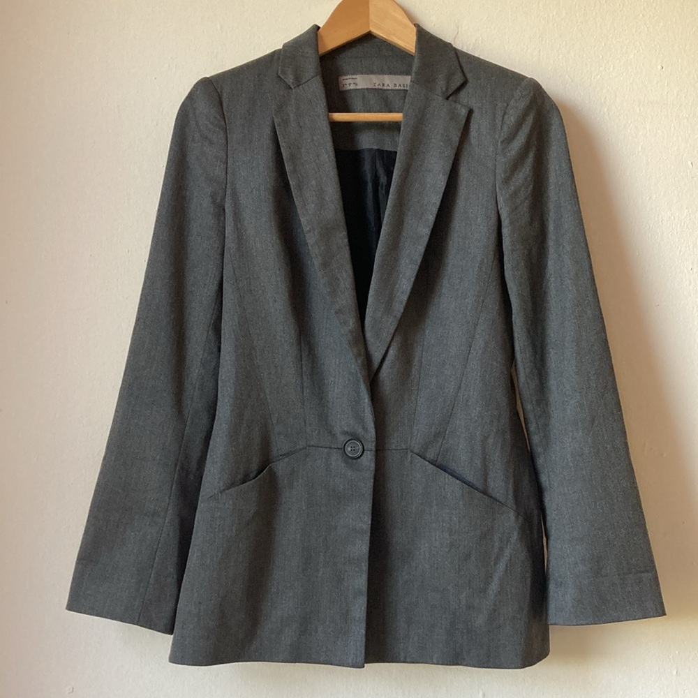 Zara Basic Charcoal Grey Fitted Long Blazer Jacket Size S